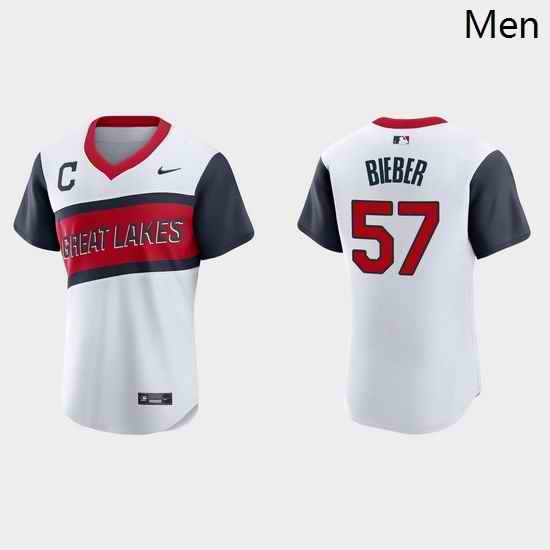 Men Cleveland Indians 57 Shane Bieber Men Nike White 2021 Little League Class Authentic MLB Jersey